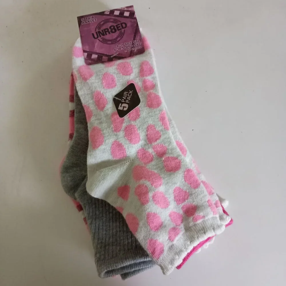 NWT Unr8ed 5 pairs preppy pink anklet socks fits shoe size 4-10.5